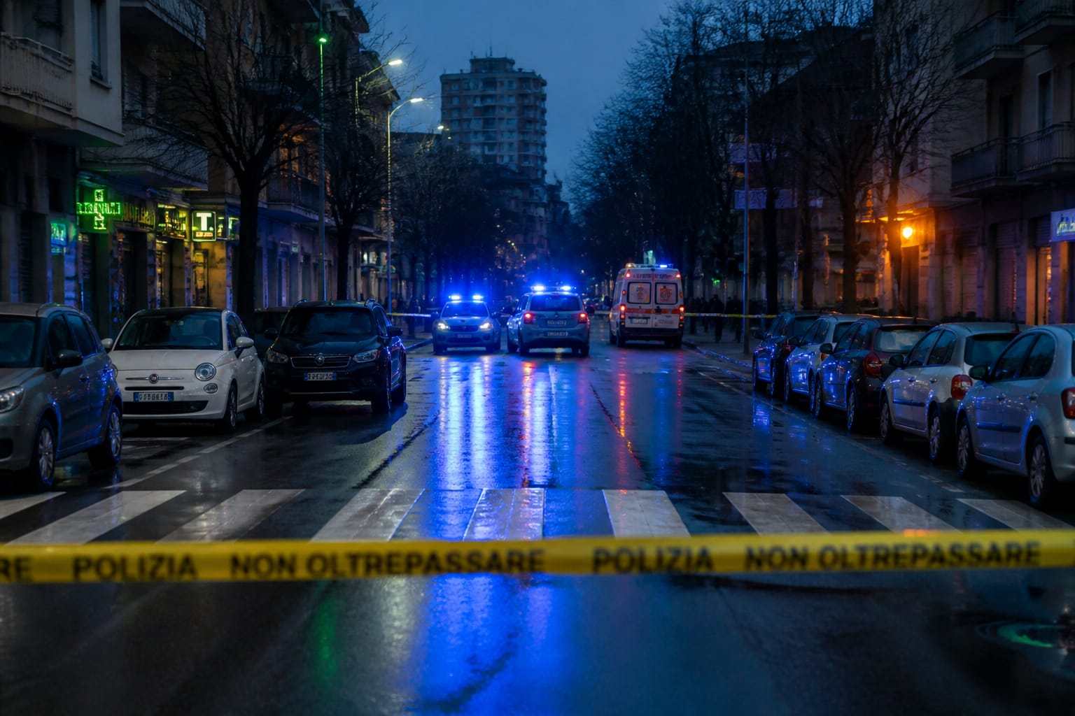 Scena di un incidente stradale urbano a Torino con luci di emergenza riflesse sull'asfalto